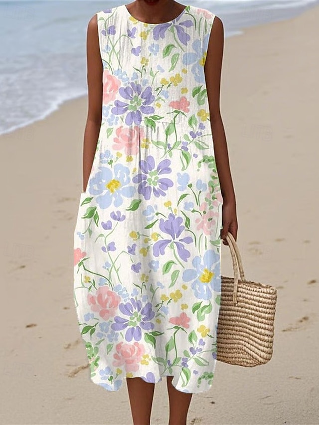  Damen Midikleid Freizeitkleid Sommerkleid Mode Modern Täglich Strand Wochenende Normale Passform Blume Ärmellos Rundhalsausschnitt Weiß Blau Sommer