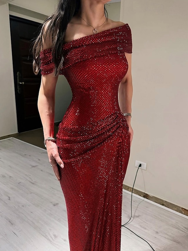  Rode jurk met glinsterende kristallen, stretch mesh, zeemeermin/trompet avondjurk, elegante jurk, formele bruiloft, lange jurk, mouwloos, off-shoulder, kant met plooien, gerimpeld, 2025