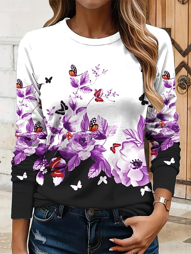  Per donna Maglietta Floreale Grafico Farfalla Vintage Elegante Classico Manica Lunga Girocollo Top Regolari Quotidiano Stampato Giallo Rosso Blu Viola Verde Estate Primavera Autunno