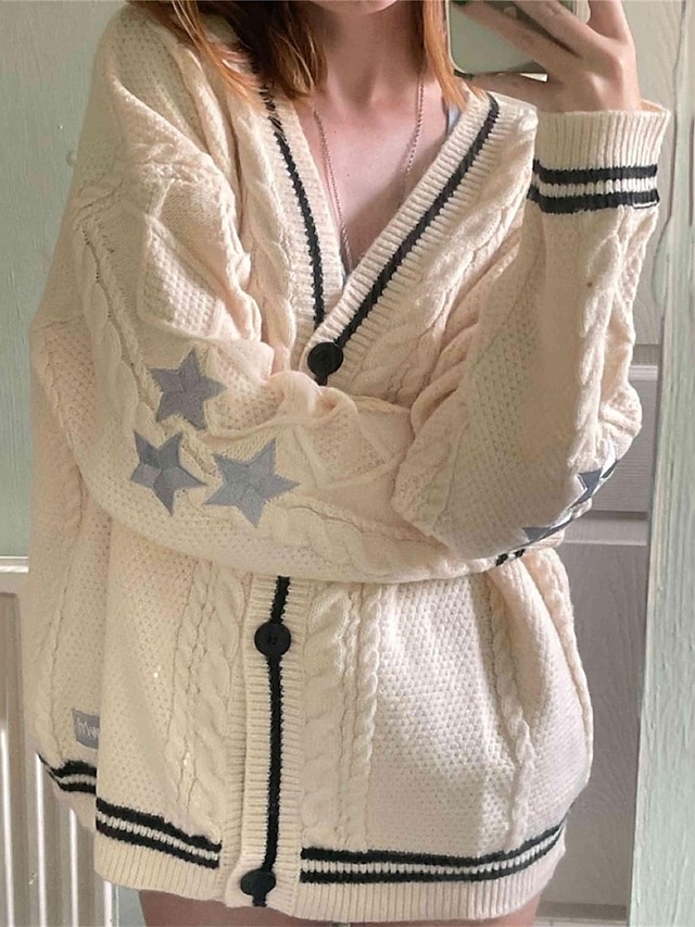  Pentru femei Pulover Bluza Modă Șic Stradă Zilnic Αστέρι Striat În V Tricotat Manșon Lung Topuri obișnuite Tricotat Concediu Ieșire Sfârșit de săptămână Negru Roșu-aprins Toamnă Iarnă