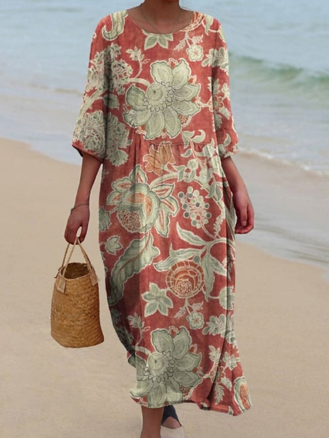  Dame Midikjole Uformell kjole Print kjole Årgang afrikansk Daglig Strand Helg Normal Blomstret 3/4 ermer Crew-hals Rosa Rød Fuksia Grønn Sommer Vår Høst