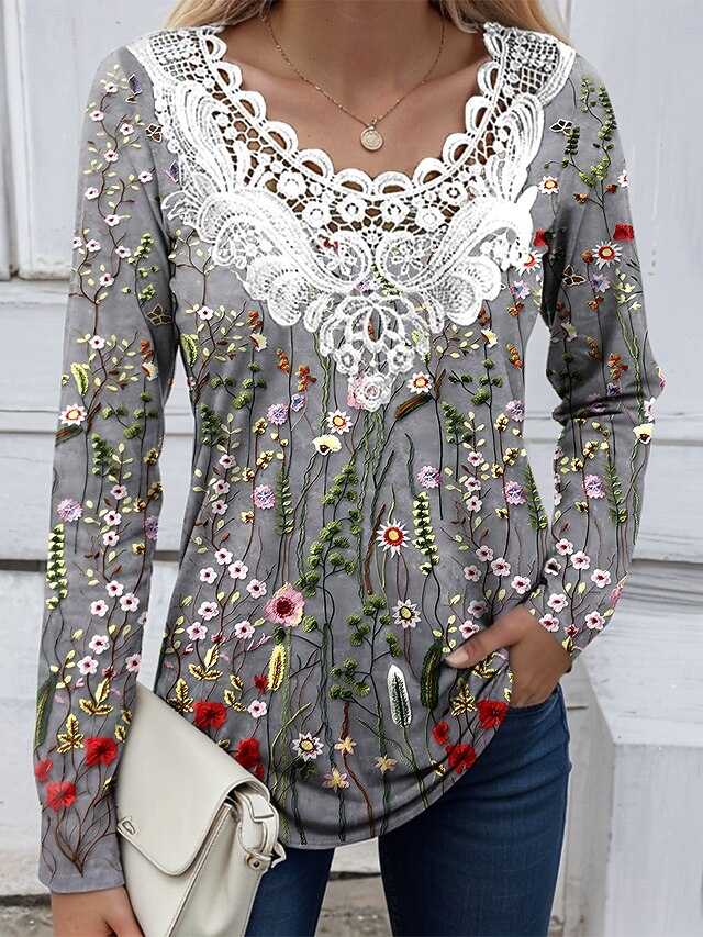 Women's Blouse Tunic Lace Splicing V Neck Long Sleeve T Floral Graphic Plants Casual Crew Neck Regular Tops Daily Lace Eyelet Dusty Blue off-white Gray Spring Fall4