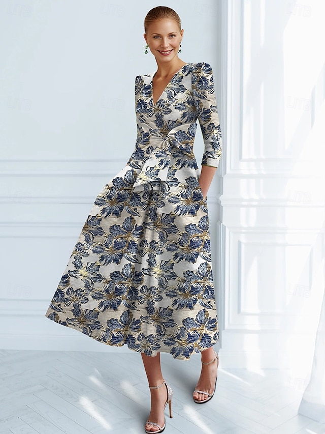  Jacquard Brokaat Bloemen A-Lijn Cocktail Jurken Elegante Jurk Formeel Huwelijk Enkel Lengte Korte Mouwen V Hals Nylon met Strik(ken) Zak Huwelijks Gast Jurk