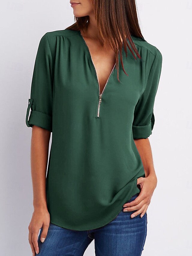  Femmes Chemisier Uni Quotidien Demi Manches Col en V Hauts Réguliers Quotidien Fermeture éclair Noir Rose Claire Marron Vert Été Printemps Automne