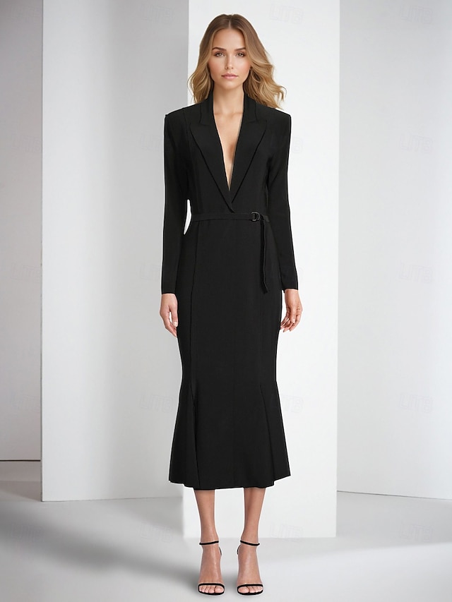  Blazer jurk zeemeermin  trompet cocktailjurken elegante jurk tuxedo jurk formele bruiloft enkel lengte lange mouw overhemd kraag zak stretch crêpe met franjes jurken