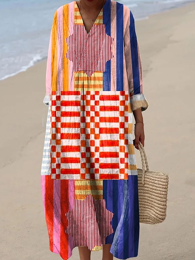  Damen Midikleid Sommerkleid A Linie Kleid Urlaub Lässig Boho Party Strand Lässiger Schnitt Grafik Geometrisch Abstrakt Langarm V Ausschnitt Rosa Rote Blau Orange Sommer Frühling Herbst