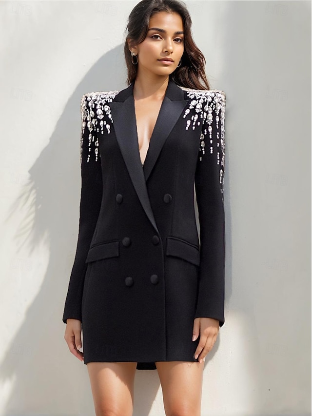  Dvouřadé sako na míru s křišťály, pouzdrové / sloupkové šaty ve smokingu, večerní šaty ve stylu couture, elegantní šaty pro formální večírek, krátké / mini šaty s dlouhým rukávem, saténové šaty s