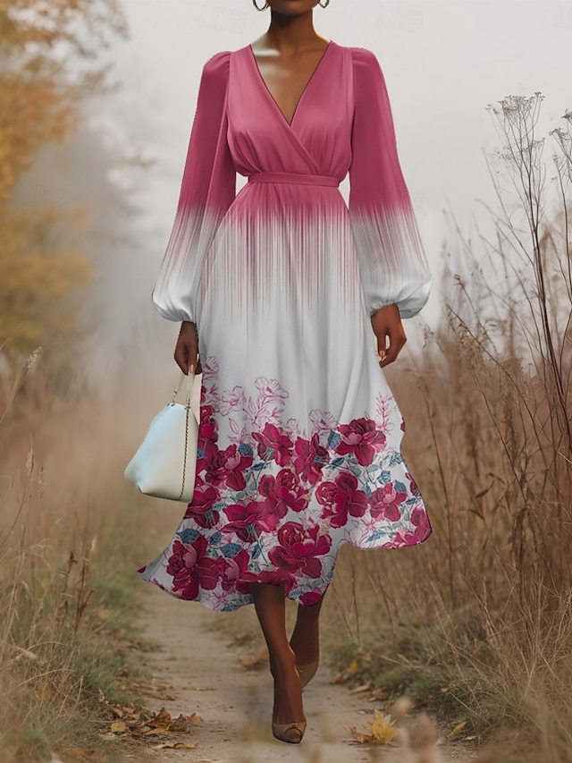  Damen Midikleid Freizeitkleid Chiffon Schwingkleid Modern Urlaub Täglich Wochenende Normale Passform Blumen Langarm V Ausschnitt Fuchsie Sommer Frühling Herbst