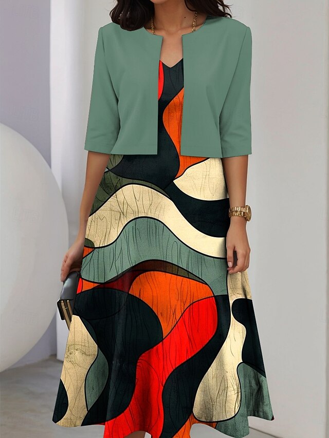Women's Two Piece Dress Sets Midi Dress with Jacket Elegant A Line Dress Half Sleeve Casual Semi Formal Graphic Geometry Print V Neck Date Black Wine Green Spring Fall Regular Fit4