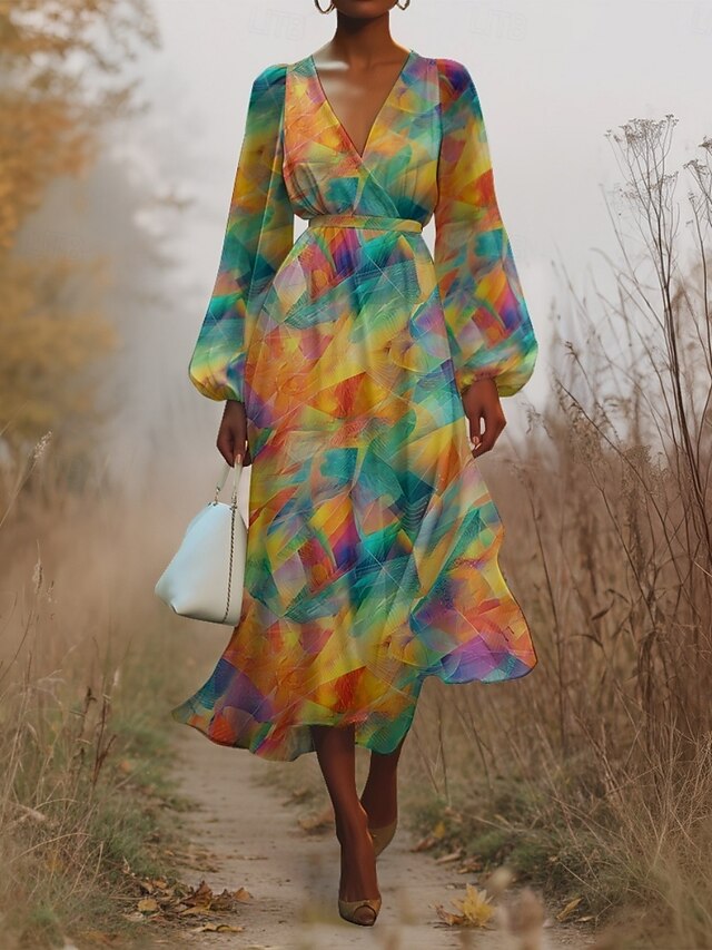  Damen Midikleid Freizeitkleid Chiffon Schwingkleid Modern Urlaub Täglich Wochenende Normale Passform Geometrisch Farbverläufe Langarm V Ausschnitt Schwarz Gelb Königsblau Blau Sommer Frühling Herbst