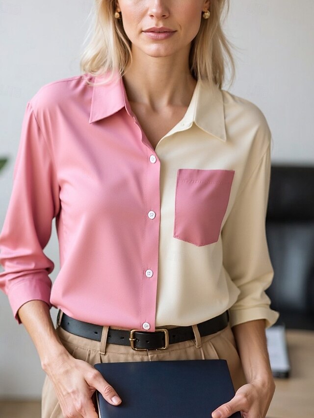 Women's Blouse Dressy Tops Chiffon Tops Graphic Color Block Elegant Daily Stylish Long Sleeve Shirt Collar Regular Tops Work Daily Patchwork Buttons Print Pink Brown Green Spring, Fall, Winter, Summer4