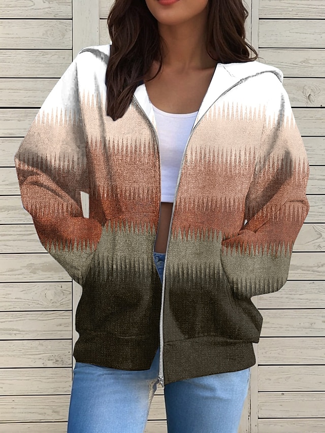  Women's Zip Up Hoodies Geometric Active Casual Long Sleeve Hooded Regular Tops Casual Holiday Zip Up Zipper Front Pocket Red Blue Purple Brown Green Spring Fall