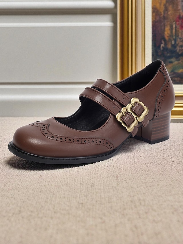  Escarpins Mary Jane en similicuir marron pour femme – Chaussures vintage des années 1950 à talon bas et double bride à boucle, idéales au quotidien ou pour le bureau