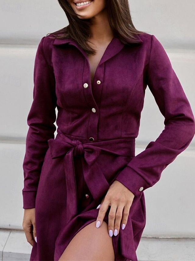  Women's Mini Dress Shirt Dress Casual Dress Fashion Modern Daily Beach Weekend Regular Fit Plain Long Sleeve Shirt Collar Red Brown Spring Fall