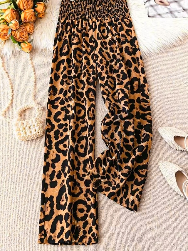  Γυναικεία Πλατύ Πόδι Παντελόνια Κομψό στυλ street Καθημερινό Μακρύ Ψηλή Μέση Λεοπάρ Εκτύπωση Ελαστικό σχέδιο κορδονιών περίσφιξης Ικανότητα να αναπνέει Moale Μικροελαστικό