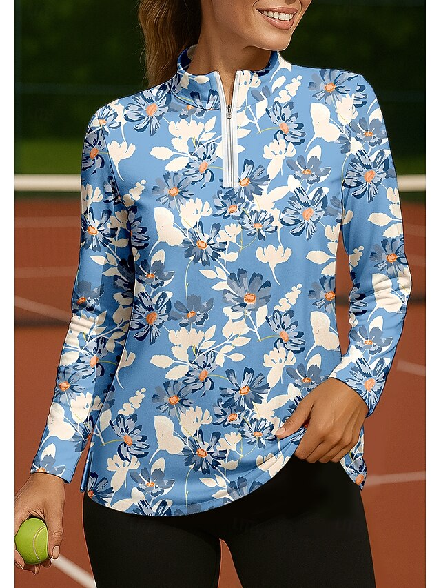 Women's Floral Tops Shirt Sport Shirt Golf Polo Shirt Long Sleeve Zipper Floral UPF50+ UV Resistant High Elasticity Moisture Wicking Breathable Tennis Golf Pickleball Stand Collar Zip Collar Shirt4