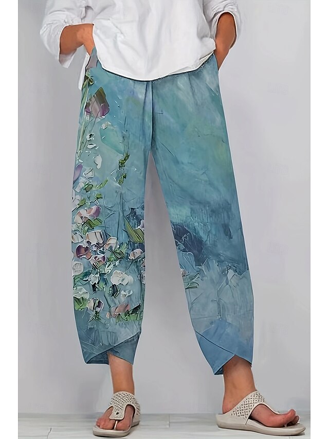 Women's Slacks Vacation Vintage Ethnic Style Ankle-Length High Waist Floral Graphic Geometic Elastic Waistband Comfy Breathability Soft Inelastic Formal Outdoor Vacation Navy Blue Blue Summer Spring3