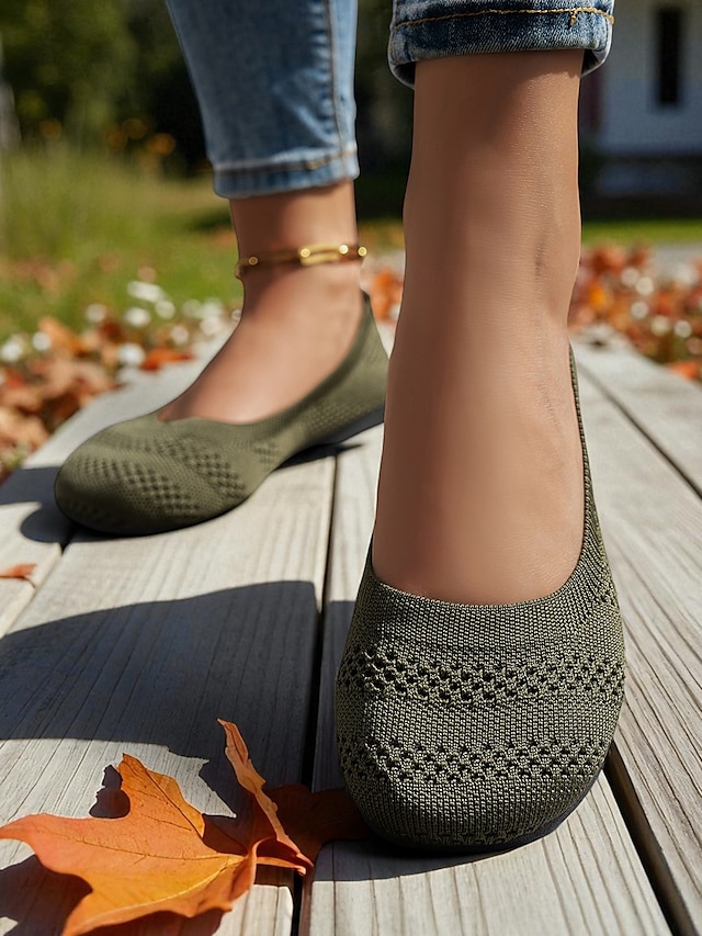  Balerini galbeni din flyknit pentru femei cu vârf lat – pantofi casual respirabili pentru serviciu, călătorii și ieșiri de primăvară