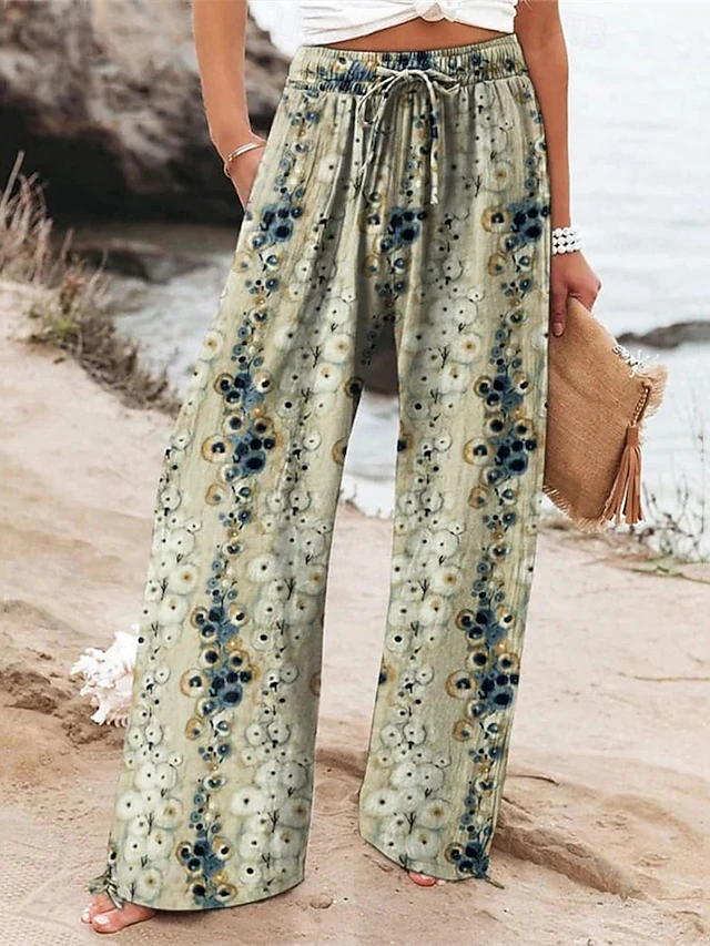 Women's Wide Leg Pants Trousers Palazzo Pants Fashion Boho Full Length High Waist Flower Elastic Waist Drawstring Print Breathability Comfortable Street Daily Wear Going out Khaki Spring Fall Regular4