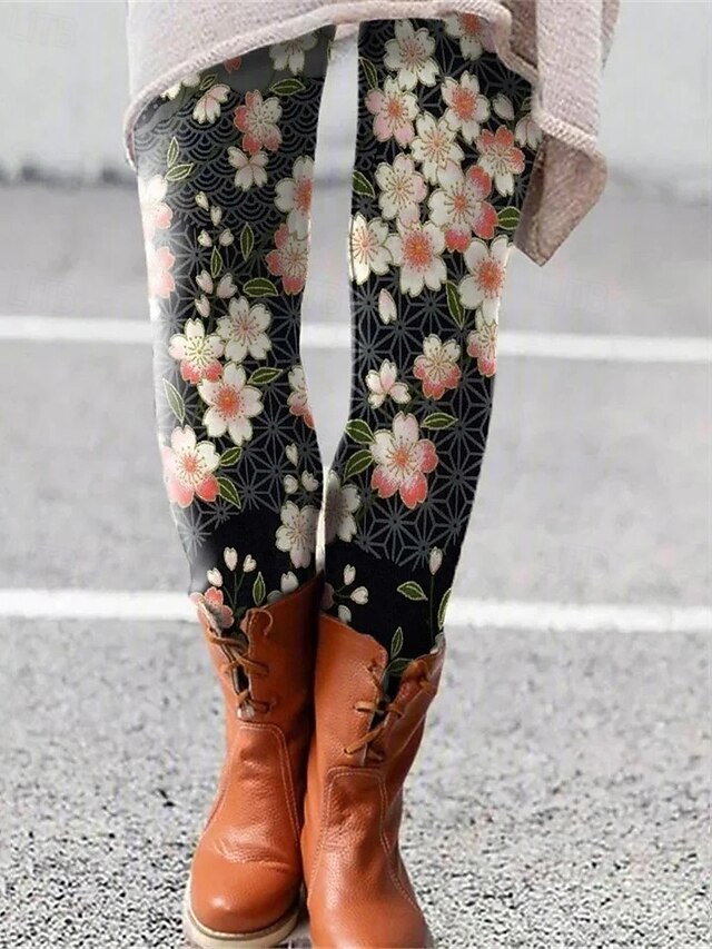 Women's Pants Trousers Leggings Cozy Leggings Streetwear Casual Full Length High Waist Flower Elastic Waist Print Breathability Comfortable Stretchy Vacation Street Daily Wear Black Spring Fall4