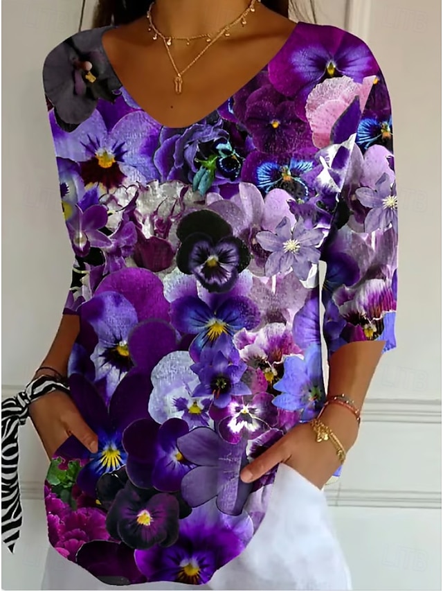  Dames Blouse Bloemig Grafisch Vintage Stijlvol Klassiek 3/4 mouw V-hals Normale tops Dagelijks Zwart en Wit Paars paars Zomer Lente Herfst