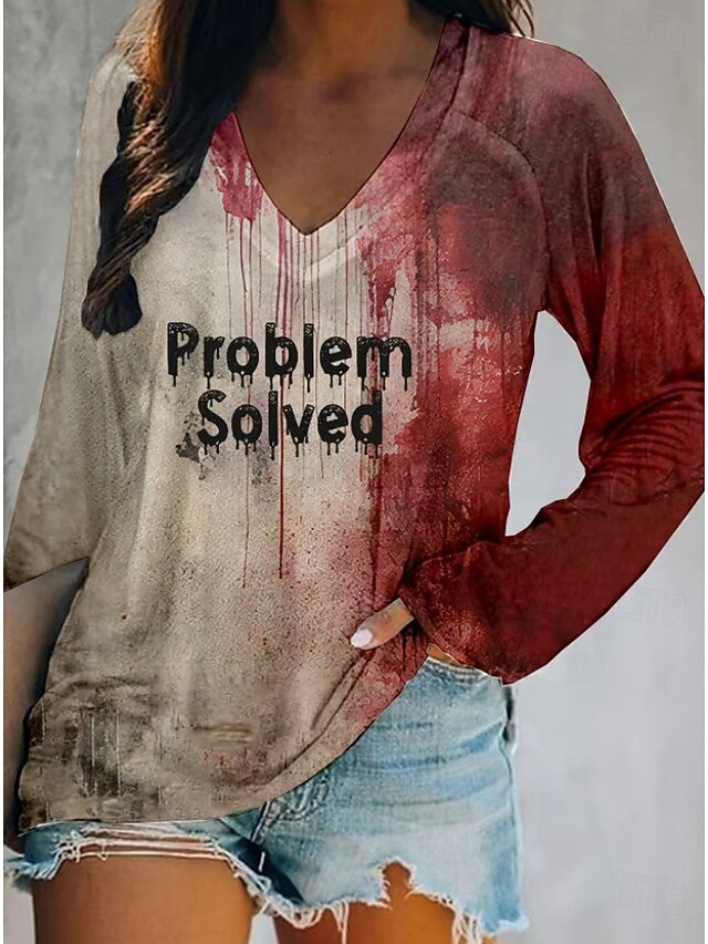 Halloween Women's T Shirt Bloodstain V Neck Long Sleeve Graphic Casual Vintage Stylish Western Regular Tops Daily Weekend Vacation Wear Print Wine Light Brown Spring Fall Witch3