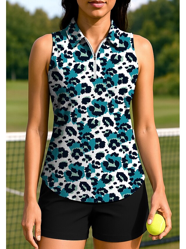 Women's Leopard Multi Color Tops Sport Shirt Golf Polo Shirt Tennis Shirt Sleeveless Zipper UPF50+ UV Resistant High Elasticity Moisture Wicking Breathable Tennis Pickleball Running Turndown Zip4
