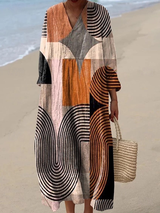  Per donna Abito Midi Vestito Estivo Abito a trapezio Vacanza Casual Boho Uscire Spiaggia Grafico Geometrico Manica Lunga Scollo a V Giallo scuro Rosso Marrone chiaro Blu Estate Primavera Autunno