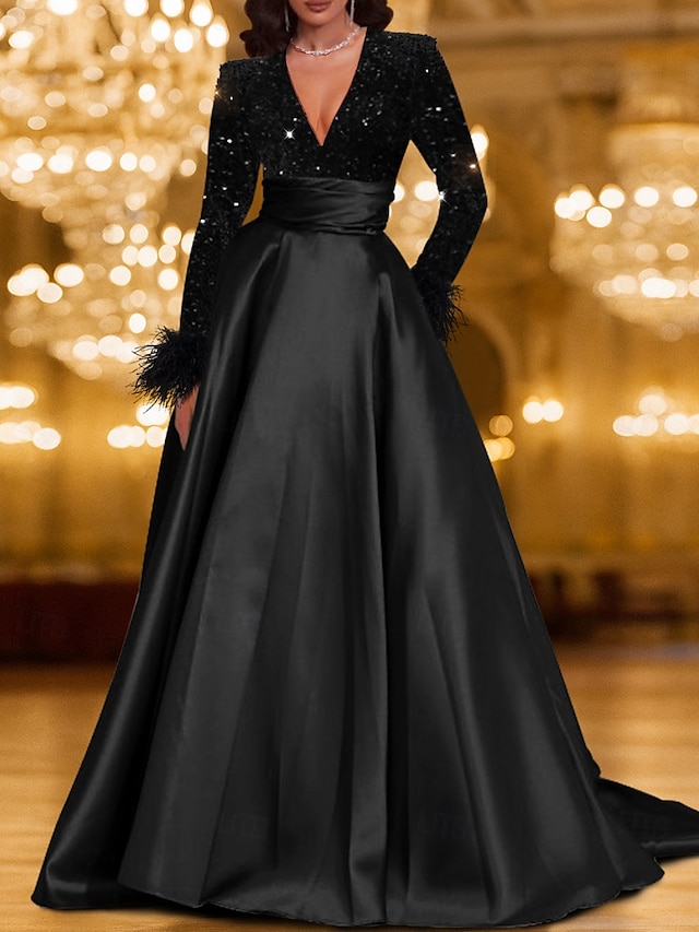  Schwarz Tie A-Linie Abendkleid Elegantes Kleid Karneval Festlich Bodenlang Langarm V-Ausschnitt Tasche Satin mit Feder Pailletten