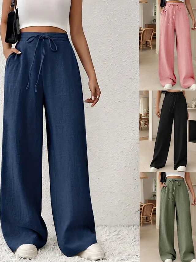  Femmes Jambe large Slacks Streetwear Occasionnel Longueur complète Naturel Uni Avec Poches Conception à cordon élastique Confortable Rue Tenue quotidienne Week-end Noir Rose Vert Véronèse Bleu Automne