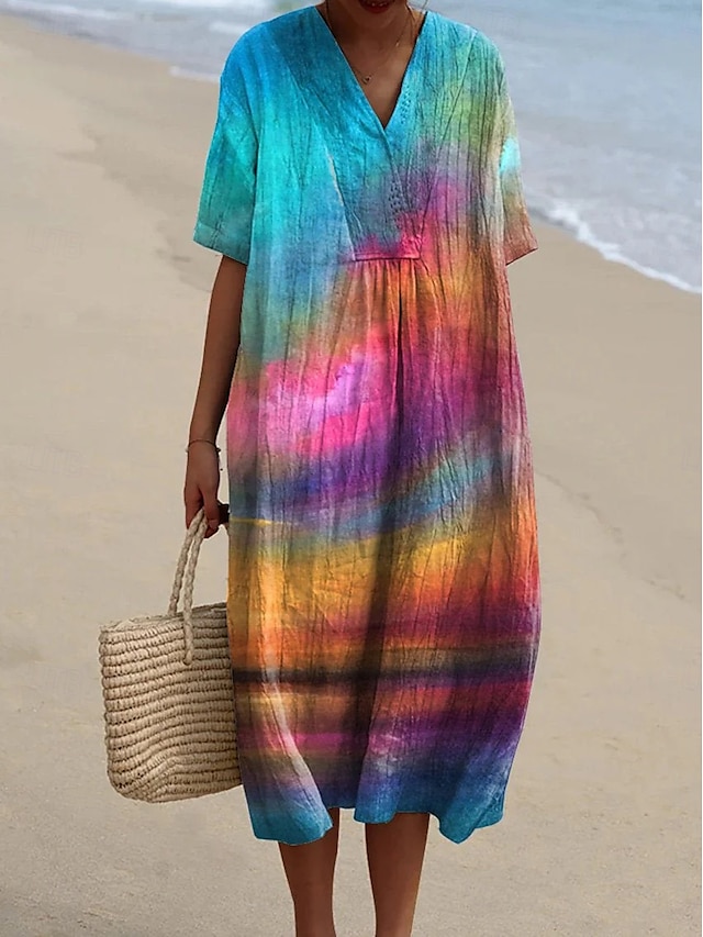  Women's Midi Dress Sundress A Line Dress Vacation Casual Beach Party Going out Beach Loose Fit Ombre Graphic Short Sleeve V Neck Pink Summer Spring