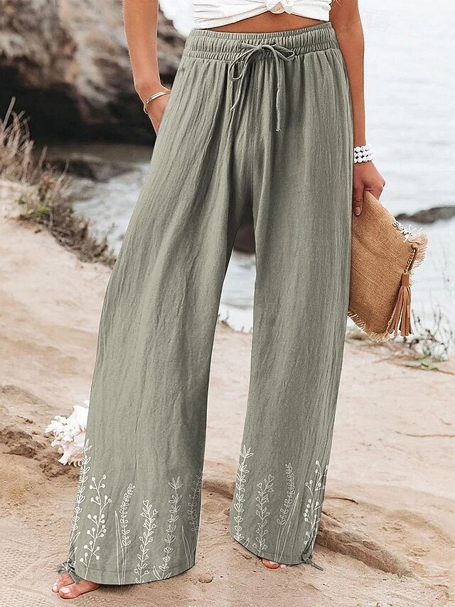 Women's Wide Leg Pants Trousers Palazzo Pants Fashion Streetwear Full Length High Waist Flower Elastic Waist Drawstring Print Breathability Comfortable Street Daily Wear Going out Gray Spring Fall4