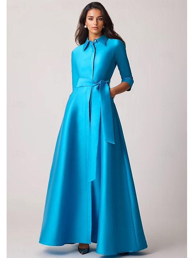 Abito da sera a trapezio abito elegante matrimonio formale da ospite lunghezza a terra manica a metà collo a revers tasca chiffon satin con fiocco/i tasca a spalline