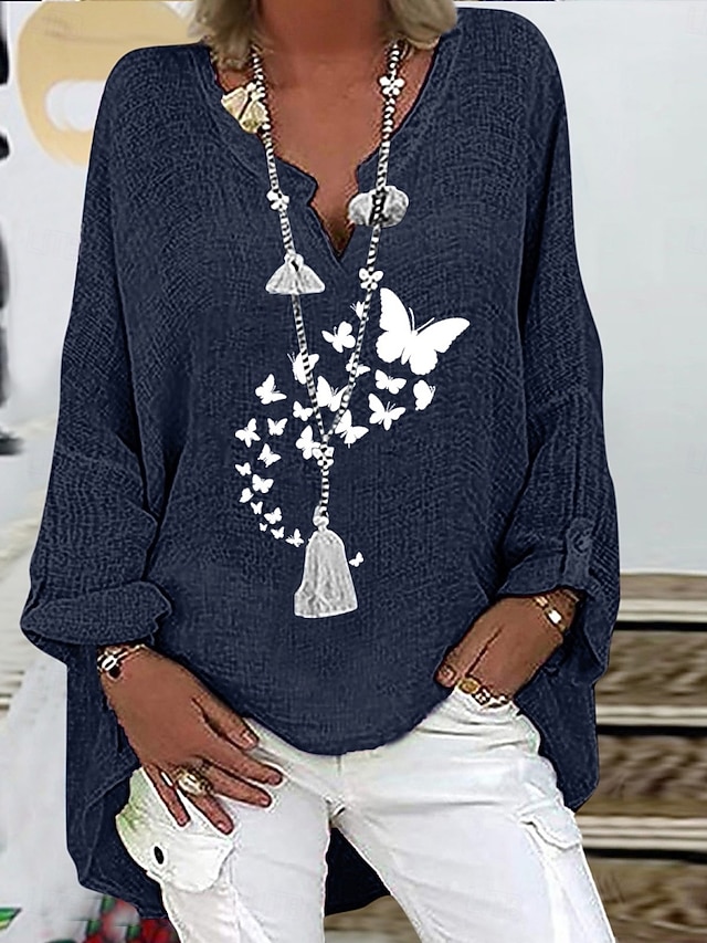 Chemises en coton pour femmes, motif papillon, basique, décontractées, manches longues, col en V, régulières, imprimé quotidien, noir, bleu marine, bleu ciel, été, printemps, automne