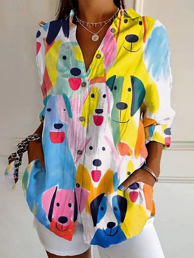 Women's Shirt Button Down Tunic Shirt Collar Long Sleeve Graphic Animal Vintage Daily Stylish V Neck Regular Tops Work Daily Holiday s Print Yellow Green Khaki Spring Fall4