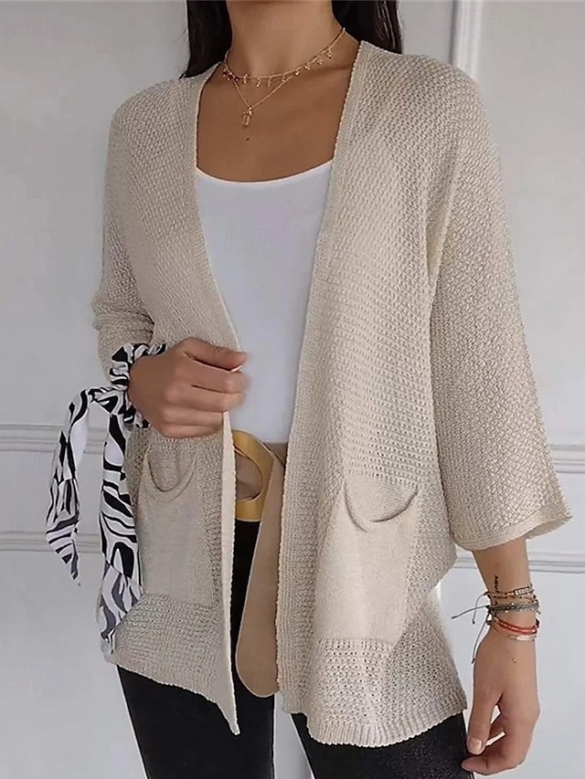  Pentru femei Pulover Bluza Modă Șic Stradă Zilnic Culoare solidă Striat Deschis frontal Tricotat Lungime Manșon 3/4 Topuri obișnuite Tricotat Concediu Ieșire Sfârșit de săptămână Verde Militar
