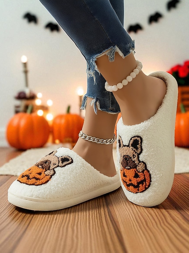  damskie kapcie polarowe na Halloween z motywem buldoga francuskiego i dyni - wygodne pluszowe kapcie domowe dla kobiet i nastolatek, idealne na jesień, jako prezent świąteczny i do wygodnego