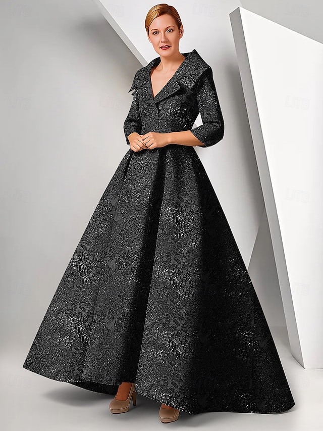  Black Floral Jacquard A-Line Evening Gown Elegant Dress Formal Wedding Floor Length Sleeveless V Neck Nylon with Pleats 2025