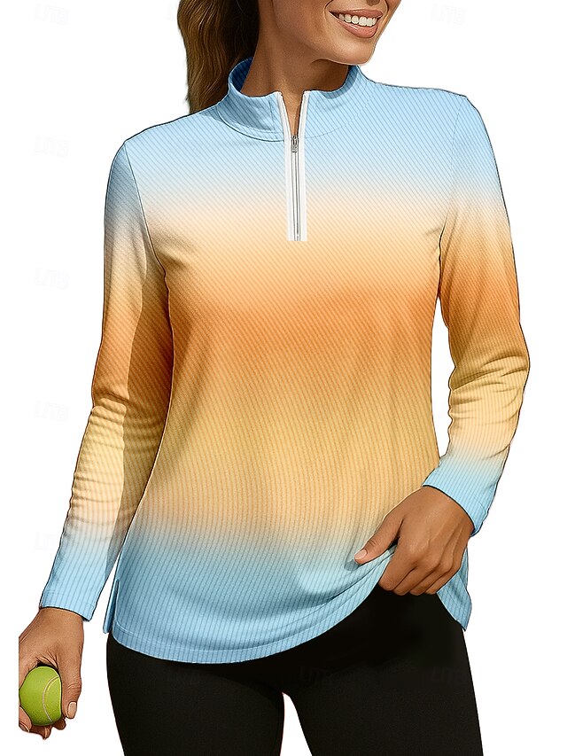 Women's Gradient Stripes Shirt Sport Shirt Golf Polo Shirt Tennis Shirt Long Sleeve Zipper Floral UPF50+ UV Resistant High Elasticity Moisture Wicking Breathable Tennis Golf Pickleball Stand Collar4