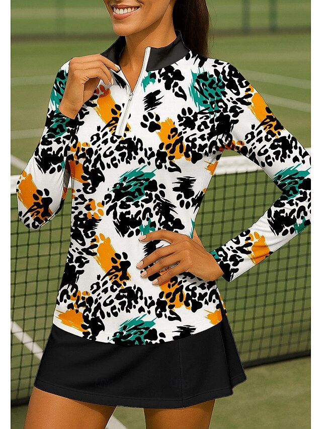 Women's Animal Leopard Sport Shirt Golf Polo Shirt Tennis Shirt Tennis Top Long Sleeve Zipper Floral UPF50+ UV Resistant High Elasticity Moisture Wicking Breathable Tennis Golf Pickleball Stand4