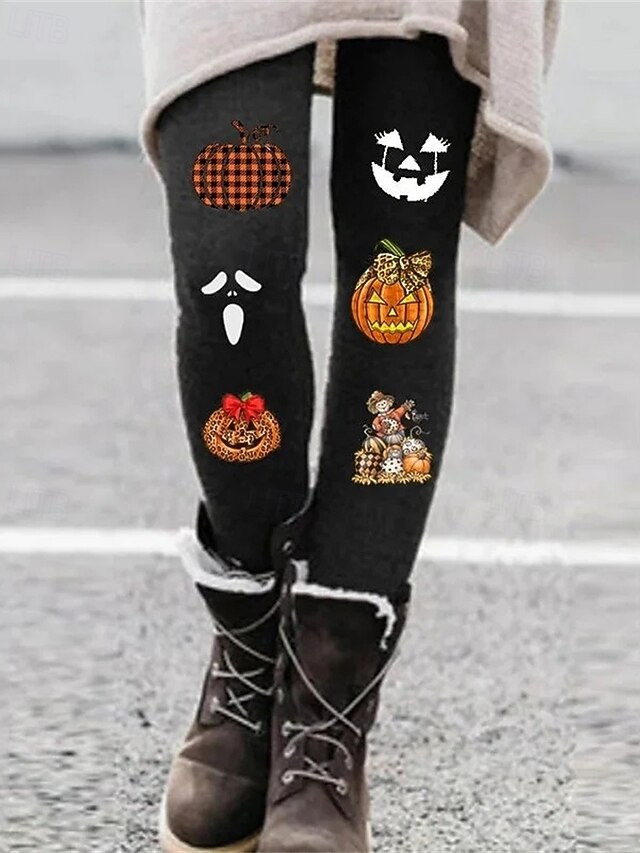 Women's Pants Trousers Leggings Streetwear Casual Full Length High WaistPantsHalloween Pumpkin Elastic Waist Print Breathability Comfortable Stretchy Vacation Street Daily Wear Black Spring Fall4