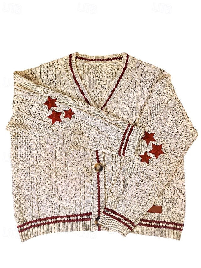  Femmes Pull Cardigan Mode Streetwear Quotidien Etoile Côtelé Col en V Tricoté manche longue Hauts Réguliers Tricoter Fête Sortir Week-end Noir Rouge Automne Hiver