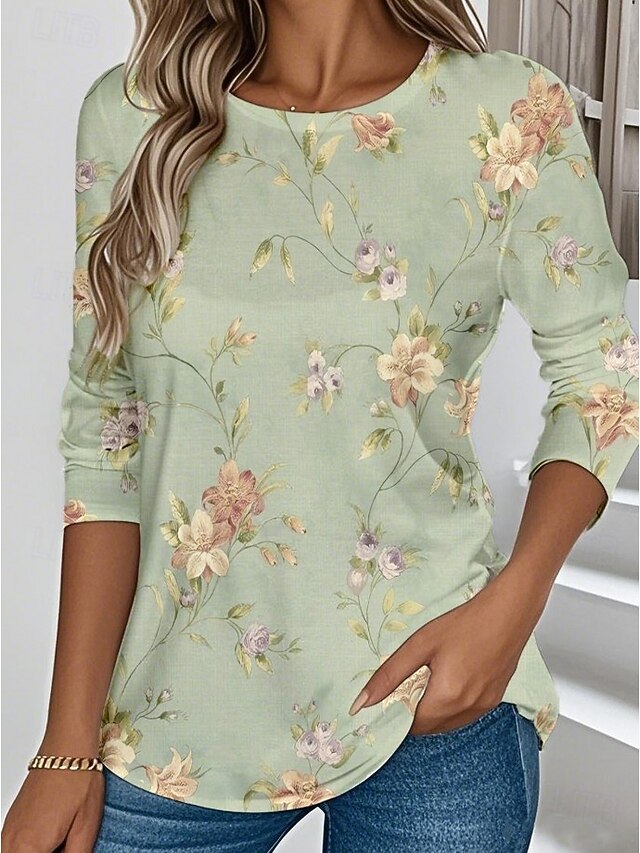 Easter Women's T shirt Long Sleeve Crew Neck Long Sleeve Tunic Floral Graphic Plants Vintage Stylish Classic Round Neck Regular Tops Daily Print Pink Purple Green Fall Prefall4