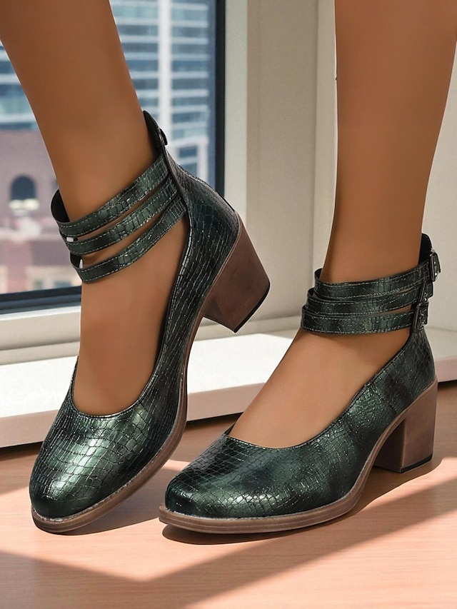  Sapatos femininos verdes de couro sintético com estampa de crocodilo e tira no tornozelo, salto grosso - sapatos Mary Jane retrô confortáveis para caminhar, para o escritório, roupas do dia a dia e