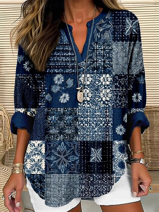 Women's Shirt Floral Color Block Vintage Daily Casual Long Sleeve V Neck Regular Tops Daily Holiday Buttons Print Navy Blue Spring Fall4