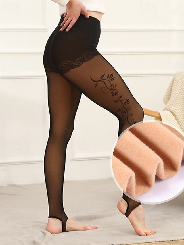  Damen Fleecehose Stoffhosen Leggings Streetwear Lässig Volle Länge Natürliche Taille Blume Elastischer Bund Druck Thermowarm Bequem Outdoor Urlaub Straße Schwarz Winter Normale Passform