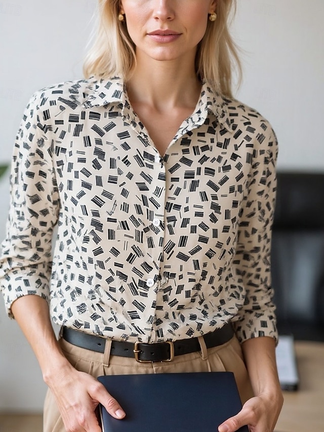  Femmes Chemisier Hauts Élégants Hauts en mousseline de soie Géométrique Bloc de Couleur Élégant Quotidien Travail manche longue Col de chemise Hauts Réguliers Travail Quotidien Boutons Imprimé Noir