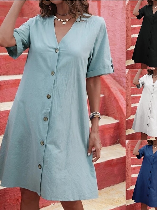 Femmes Mini Robe Robe d'été Occasionnel Quotidien Coupe régulière Uni Manche Courte Col en V Noir Blanche Bleu Ciel Bleu de minuit Été