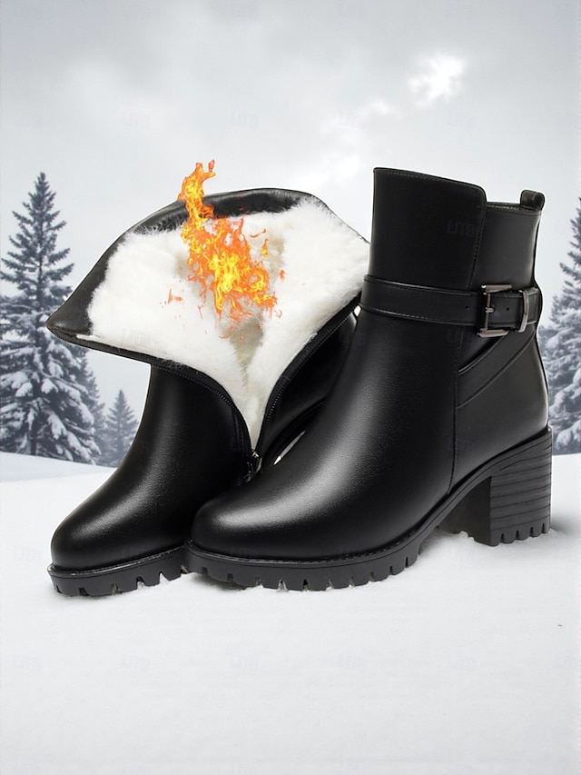  Bottines en cuir noir pour femmes - Bottines d'hiver chaudes à talon moyen doublées de fourrure avec fermeture éclair latérale et boucle pour temps froid, travail &vêtements d'extérieur