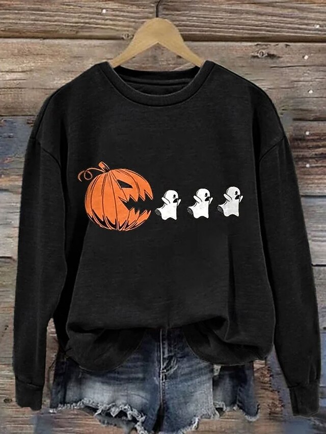 Halloween Women's Sweatshirts Pumpkin Graphic Casual Long Sleeve Crew Neck Regular Tops Street Dailywear Casual Print Black White Green Fall Winter4